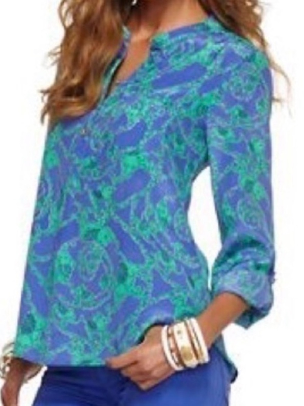 Lilly Pulitzer Delray 100% Silk Iris Blue Loopy Elephant Print Tunic Top Size XL